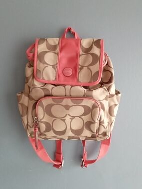 Coach Signature Jacquard Backpack Khaki Brown Coral Pink F1615-F21928